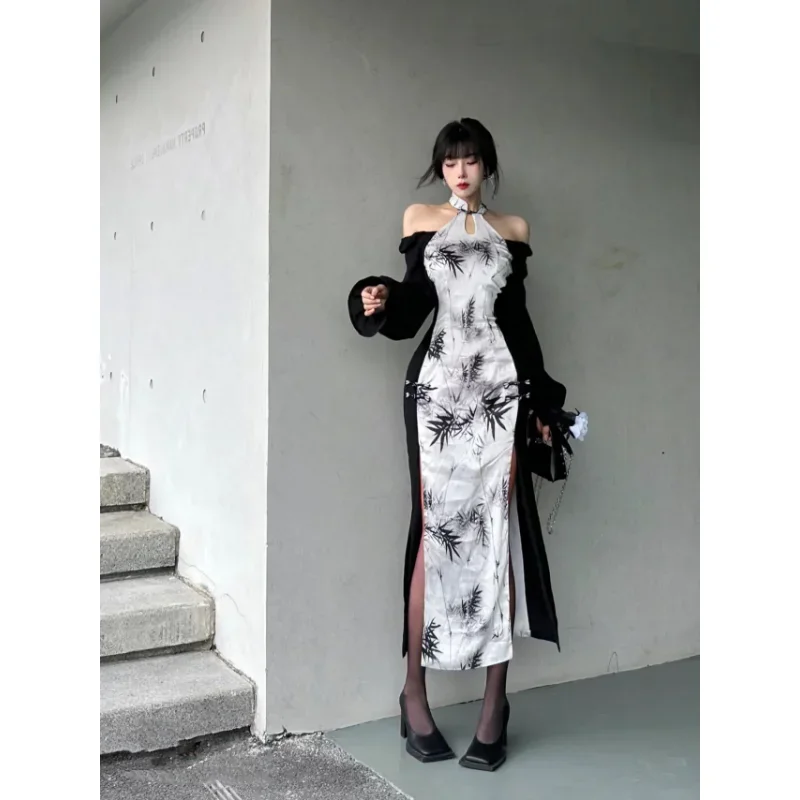 

Summer Improved Modern Cheongsam Dress Women Elegant Black White One Shoulder Bamboo Printed Stitching Sleeve Dress Qipao Sexy