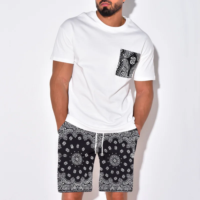 

BUTZ Design Summer Paisley Tracksuit Men Short Set breathe Blank Tshirt with pocket For Men's Short Suit