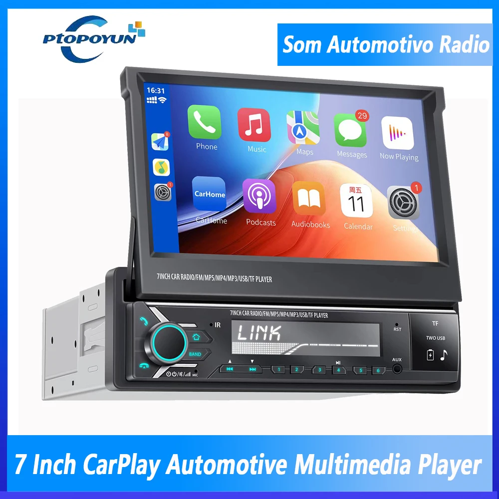 

Ptopoyun CarPlay Car Radio 7" Retractable Screen Automotive Multimedia MP5 Universal Audio Stereo No DVD Player Head Unit 1 Din