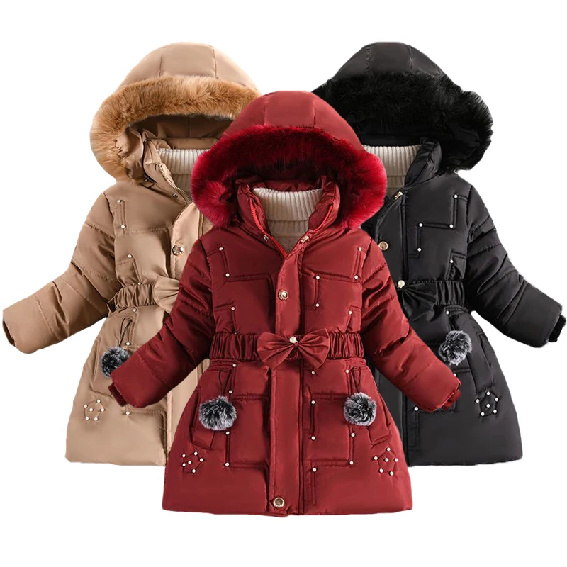 

2023 New Thick Keep Warm Winter Girls Jacket Detachable Hat Plush Collar Hooded Coat For Girl 4 Color Children Birthday Present