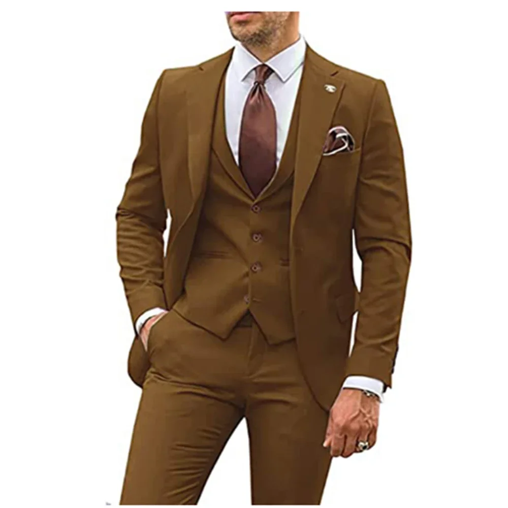 

Brown Men Suits Business Casual Wedding Groom Tuxedos Suit Notched Lapel 3 Piece (Blazer + Vest + Pants) Slim Fit Costume Homme