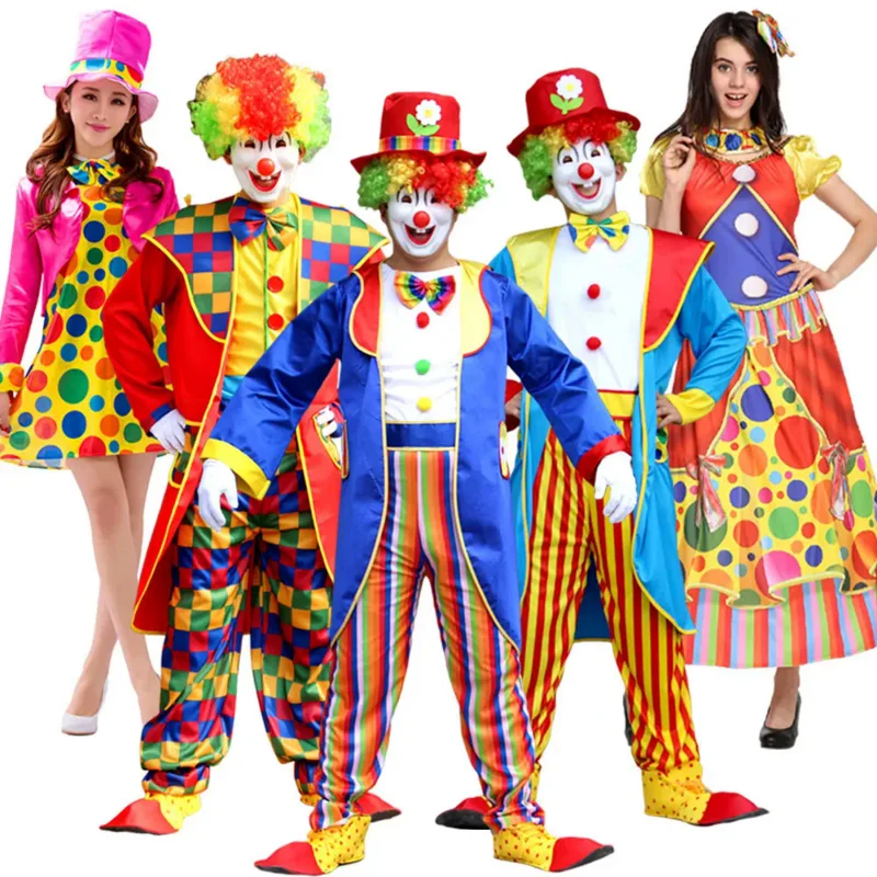 

Adult Funny Circus Clown Cosplay Costumes Carnival Party Show With Wig Shoes Sponge Nose Dress for Men Women