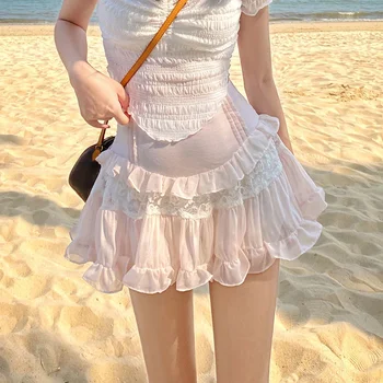 Mini Saias Ruffle Para Mulheres: Um Essencial Versátil Para a Praia e Para Além 9 HOUZHOU Kawaii Cute Ruffle Skirt Women Pink Lolita High Waist Lace Patchwork Fairycore Mesh A-line Mini Skirt Summer Mori Girl