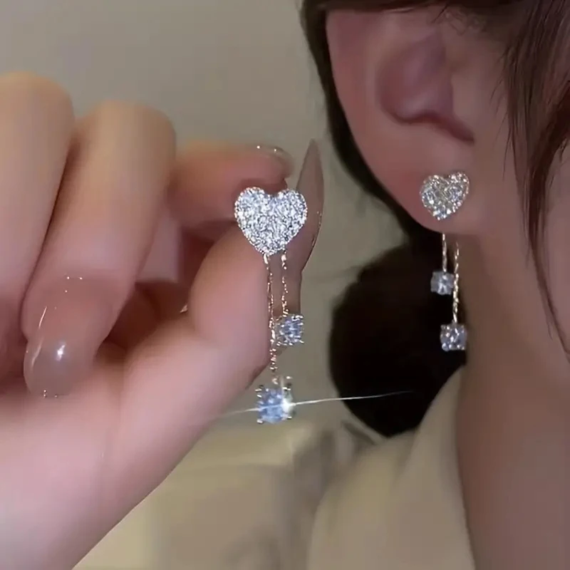 

New Sparkling Long Tassels Dangle Earrings For Women Elegant Crystal Heart Shaped Pendant Earrings Party Wedding Jewelry Gifts