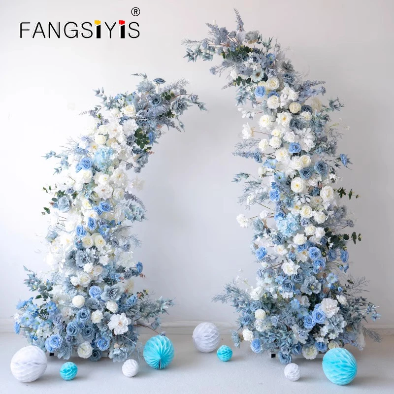 

Blue White Rose Wedding Backdrop Horn Arch Decor Centerpieces Arrangement Floral Aisle Floor Flower Row Stage Decorative props