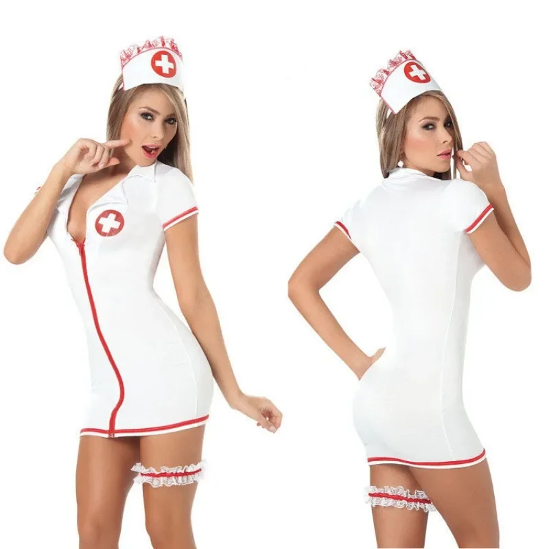 

Top Fashion Nurse Uniform Make Costumes Lace Leg Belt Women Sexy Zipper One Piece Women Nightdress Nightgown Sleepwear Lingerie