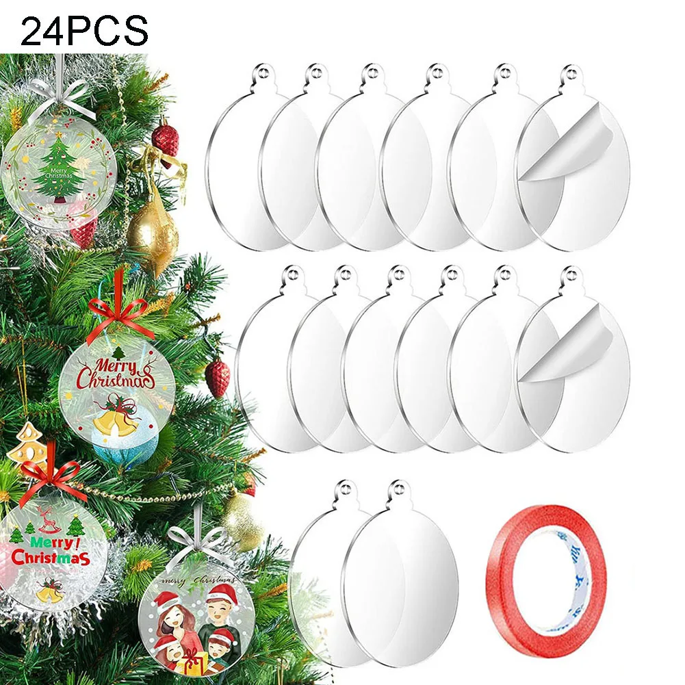 

24Pcs Clear Acrylic Christmas Ornaments Blank With Hole For Circle Acrylic Engrave Painting Disc DIY Holiday Tags Decoration