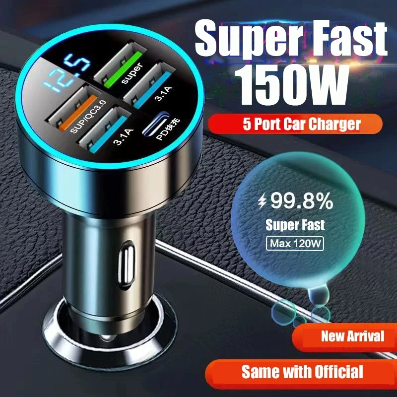 

150W 4 Ports USB Car Charger Type C PD QC3.0 Fast Charging Adapter LED Display for Huawei Xiaomi iPhone 14 13 12 11 Pro Max