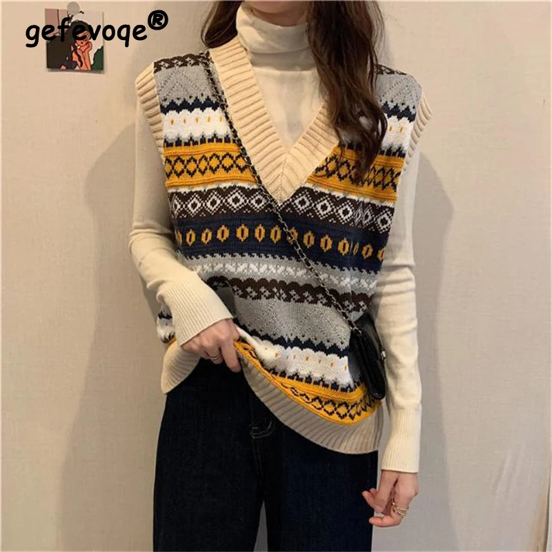 

2022 Vintage Printed Sweater Vest Sleeveless Casual Outerwear Knitted Waistcoat Y2K Spring Autumn Girl Sweet Kawaii Pullover Top