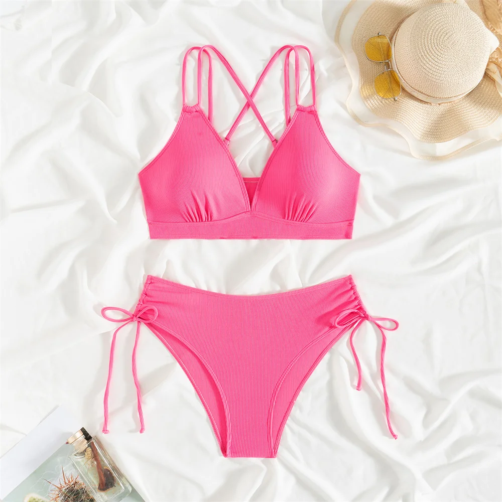 High Waist Drawstring Bikini Pink Y2K Ribbed Sling Backless Swimsuit