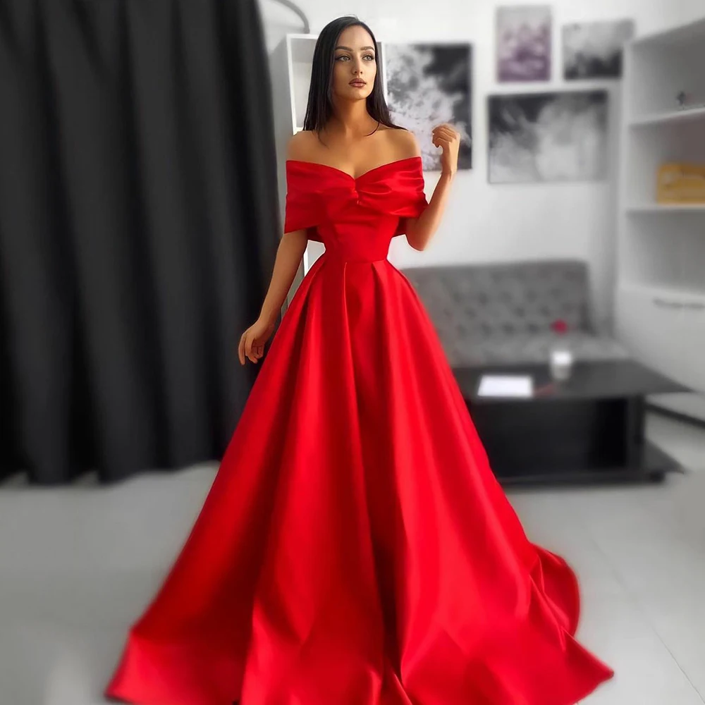 Red A Line Satin Prom Dress Off the Shoulder V Neck Evening Gowns Customized Dubai Party Dresses
Red A Line Satin Prom Dress Off the Shoulder V Neck Evening Gowns Customized Dubai Party Dresses
