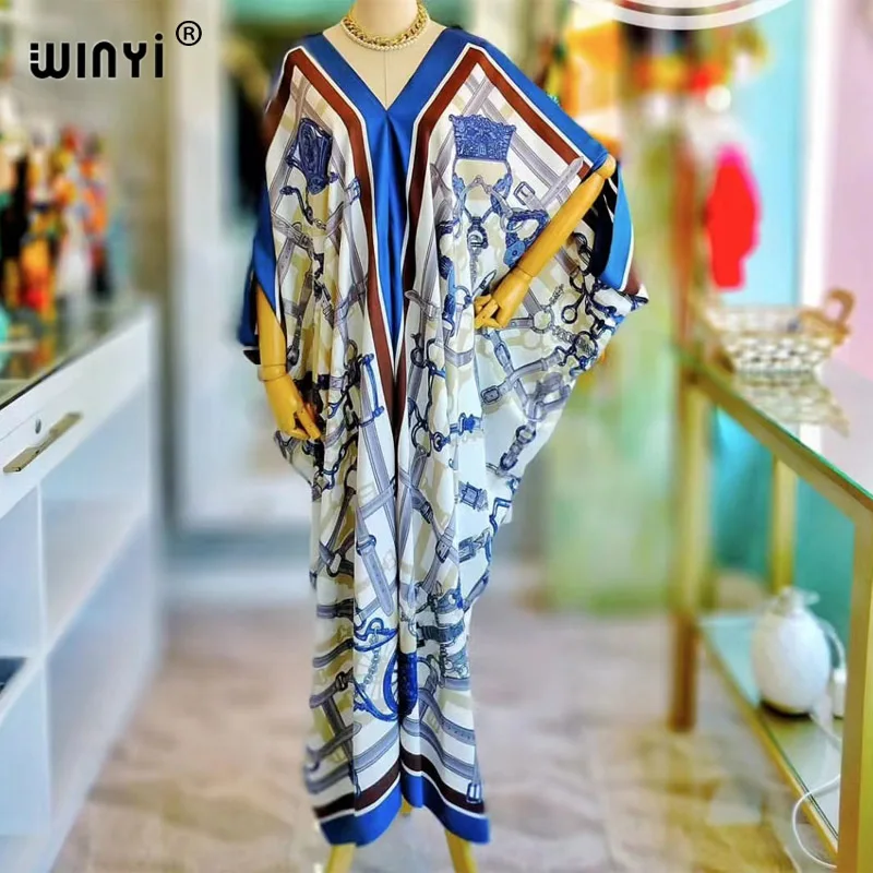 

WINYI-женское длинное платье в ретро стиле с принтом, свободный размер, элегантный кафтан, V-образный вырез, длинный рукав, женская мода, пляжные платья, лето