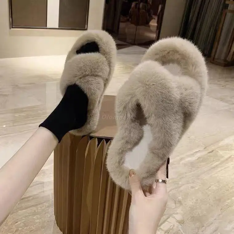 

2024 Summer Fluffy Raccoon Fur Slippers Shoes Women Real Fox Fur Flip Flop Flat Furry Fur Slides Outdoor Sandals Woman Shoes