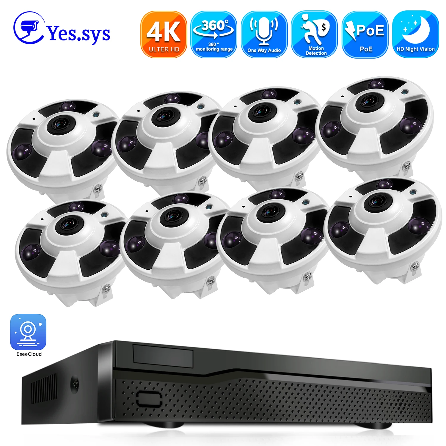 

Eyes.sys 8pcs 8MP 4K Fisheye IP Camera 360 Degree Wide Angle Panoramic Security Camera 8CH POE NVR Security CCTV System