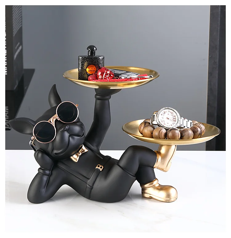 Animal Resin Sculpture dog Butler statue Home Decor French Bulldog with Double Metal tray Table Ornaments Decor Dog Figurine Art Animal Resin Sculpture dog Butler statue Home Decor French Bulldog with Double Metal tray Table Ornaments Decor Dog Figurine Art