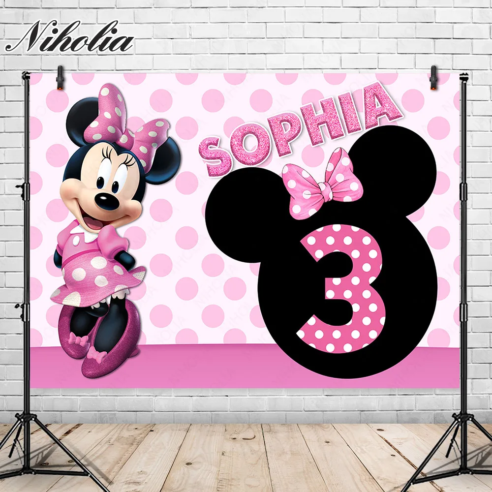 

Custome Minnie Mouse Backdrops Birthday Party For Baby Girl Kids Princess Pink Photography Photo Background Banner Props Decors