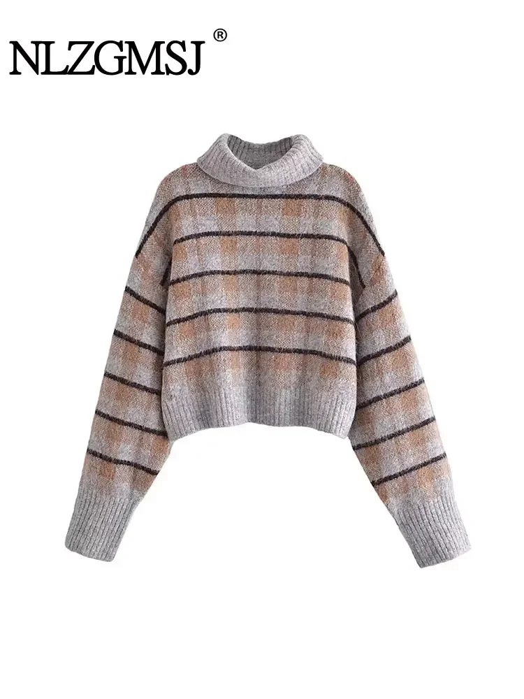 

Nlzgmsj TRAF 2024 Women Sweater Blended Plaid Casual Loose High Necked Knitted Short Style Sweater Vintage Pullovers Tops