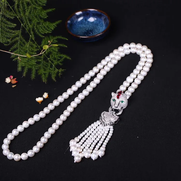 white 7-8mm shell pearl jewelry sweater chain necklace fashion jewelry Leopard head inlay zircon 6mm tassel sweater chain
white 7-8mm shell pearl jewelry sweater chain necklace fashion jewelry Leopard head inlay zircon 6mm tassel sweater chain