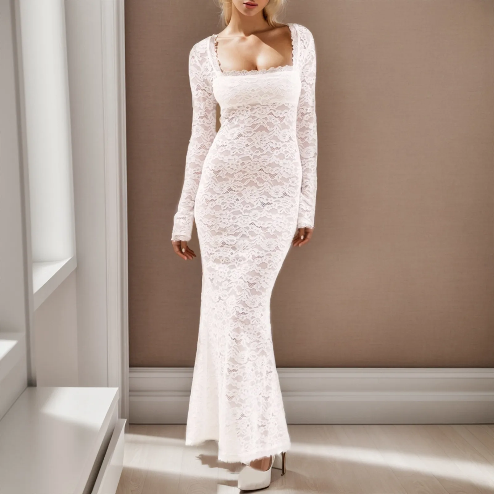 

Sexy Lace Splicing Translucent Slim Wrap Hip Long Dresses Women's Elegant Solid Colour Square Neck Dress Long Sleeve Dresses