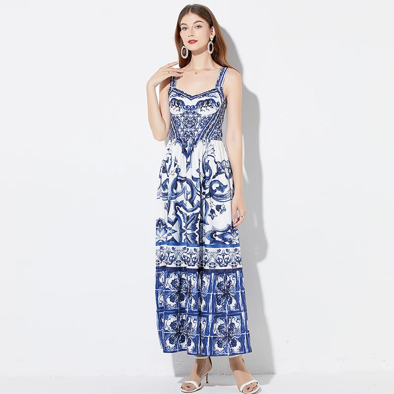 

Summer Hoiday Blue And White Porcelain Flower Printing Cotton Dress Women Spaghetti Strap Zipper Elastic Backless Midi Vestidos