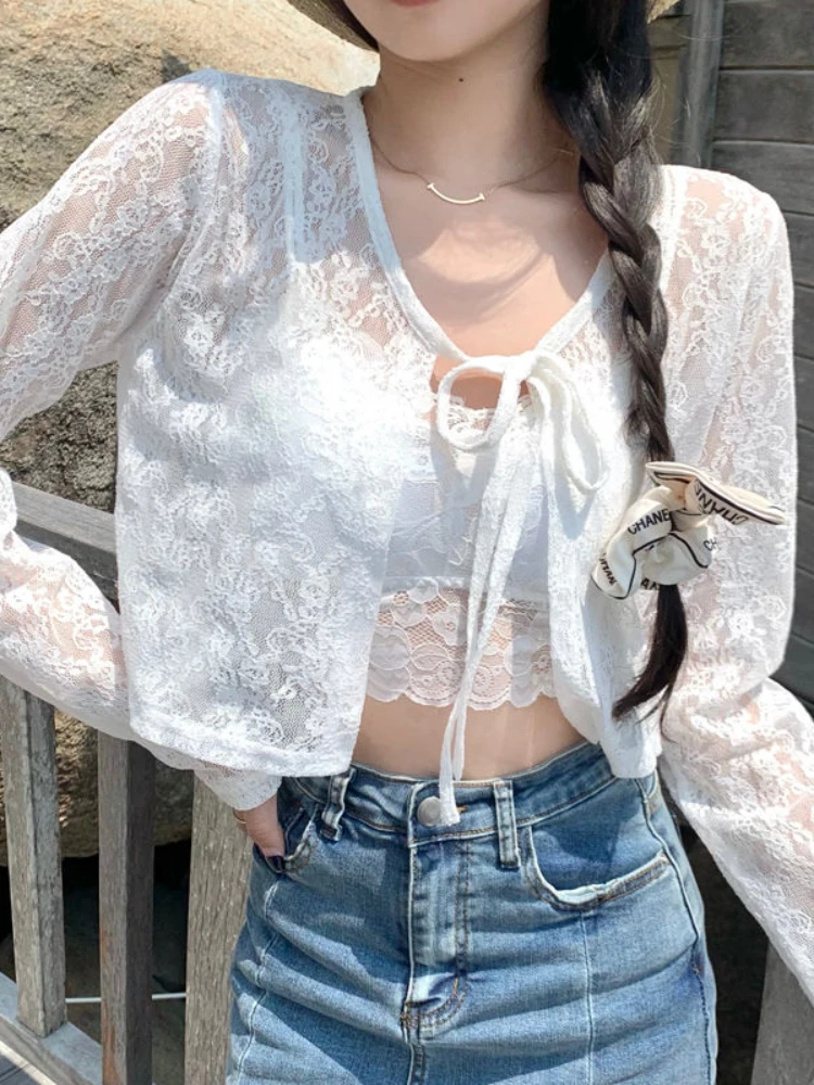 White Lace Hollow Cardigan Women Summer New Thin Long Sleeve Jacket Lace-up Cropped Tops Woman
White Lace Hollow Cardigan Women Summer New Thin Long Sleeve Jacket Lace-up Cropped Tops Woman