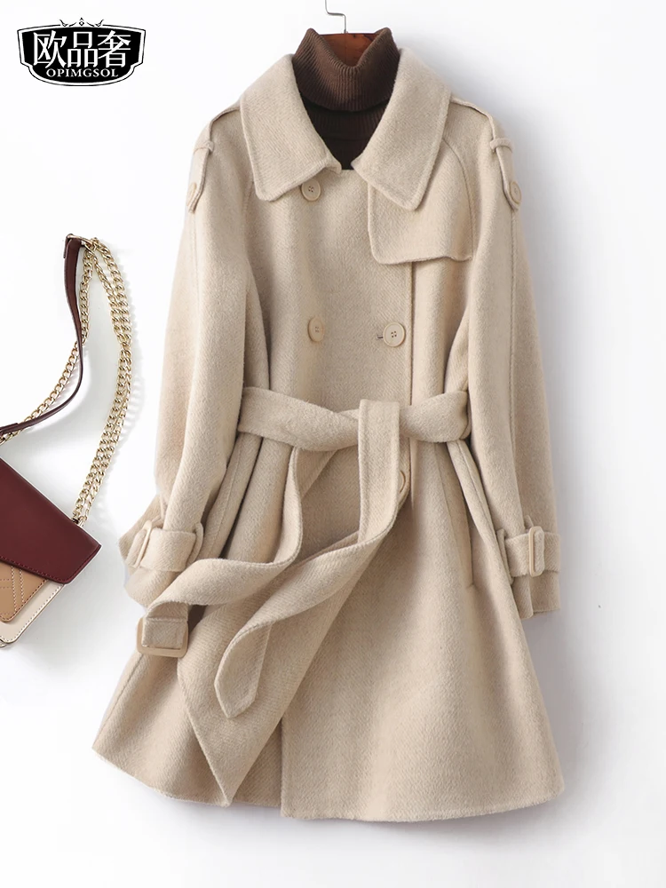 Double-sided woolen coat for women, medium length, lace up waist, milk white cashmere coat for autumn and winter, new high-end 
Double-sided woolen coat for women, medium length, lace up waist, milk white cashmere coat for autumn and winter, new high-end
