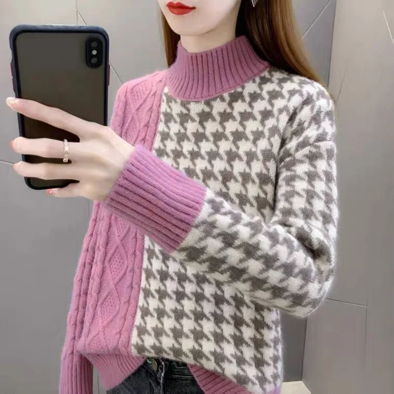 

Fashion Half High Collar Knitted Spliced Houndstooth Sweaters Female Clothing 2023 Autumn New Casual Pullovers Asymmetrical Tops