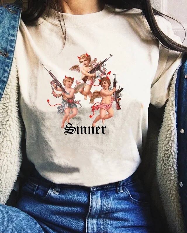 Cute Angel Devil Sinner T-Shirt Women Cute Aesthetic Grunge Swag Printed Tee Hipsters Satanic Shirt Street Style Fashion Top
Cute Angel Devil Sinner T-Shirt Women Cute Aesthetic Grunge Swag Printed Tee Hipsters Satanic Shirt Street Style Fashion Top