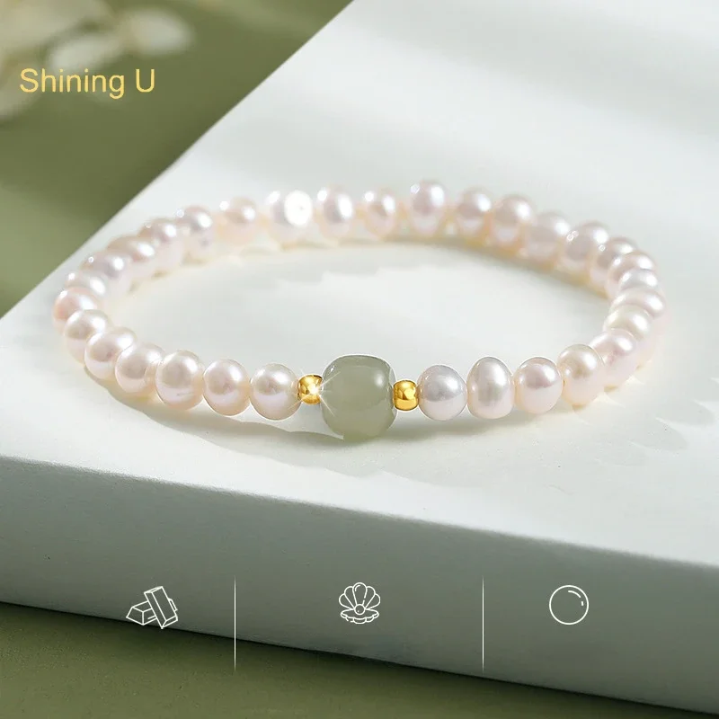 

Shining U Freshwater Pearl Bracelet Hetian Jade Beads New Chinese Style Fine Jewelry for Women