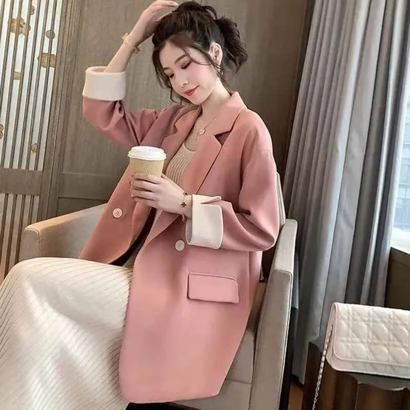 

Женский двубортный пиджак с пряжкой, розовый свободный облегающий пиджак в Корейском стиле, выбор интернет-знаменитостей, весна-осень