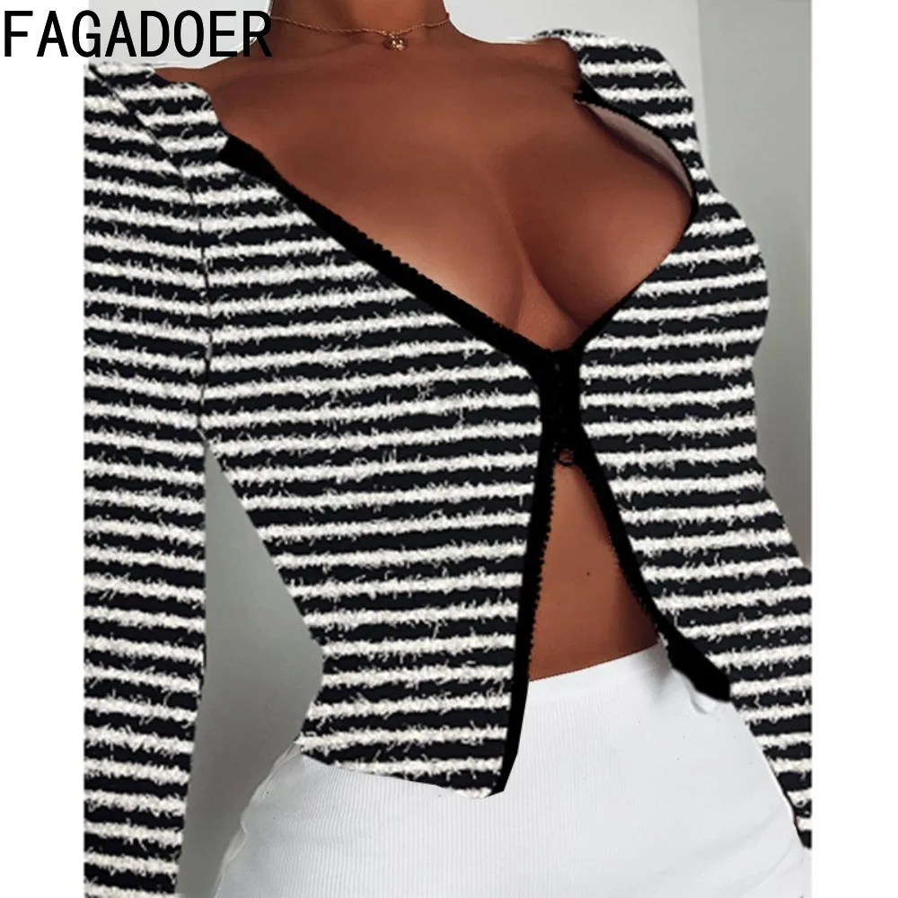 

FAGADOER Black White Stripe Printing Tops Sexy Zipper V Neck Long Sleeve Slim Clothes Fashion Women Fur Matching Streetwear 2023