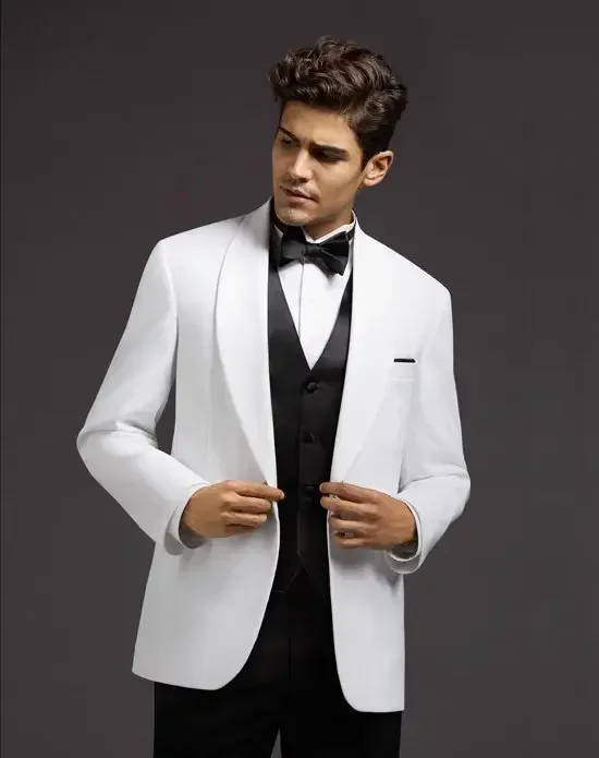 

White Formal Wedding Suits For Men Shawl Lapel Jacket Black Pants Vest Custom Slim Fit 3 Piece Groom Tuxedo Blazer Costume Homme