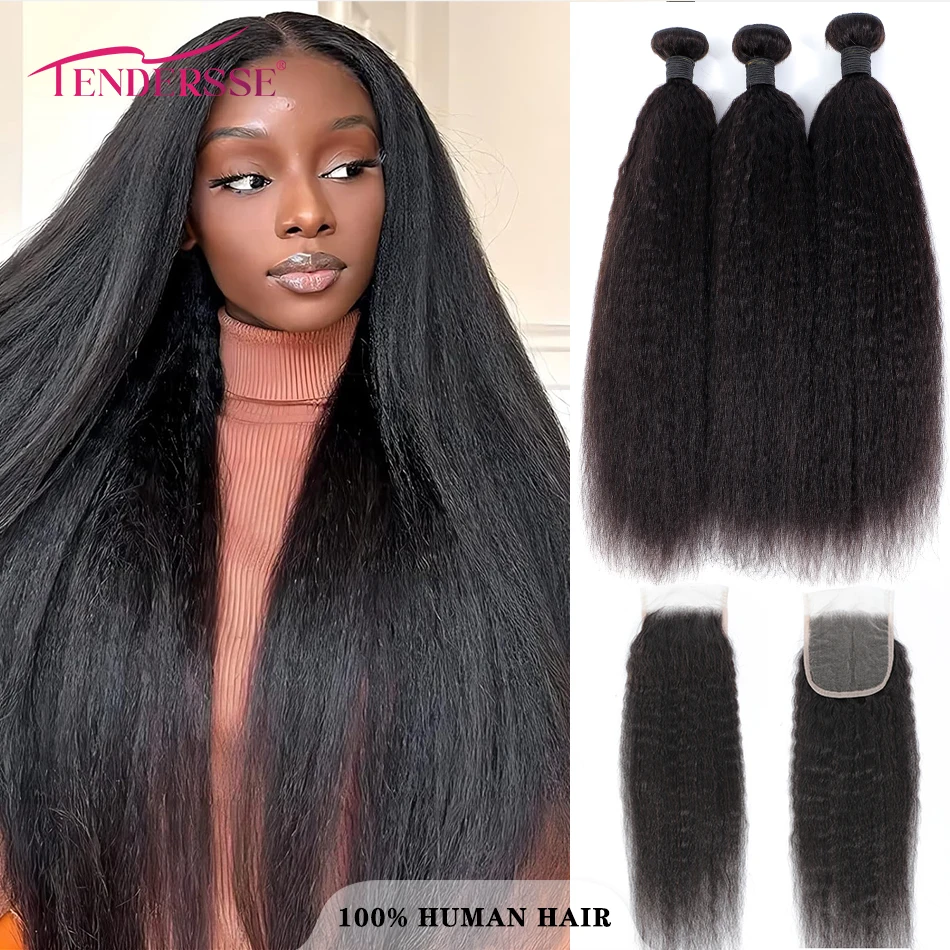 

Kinky Straight Bundles with Closure Indian Human Hair Unprocessed 9A Yaki Straight Virgin Hair 3 Bundles with 4x4 Lace Closure