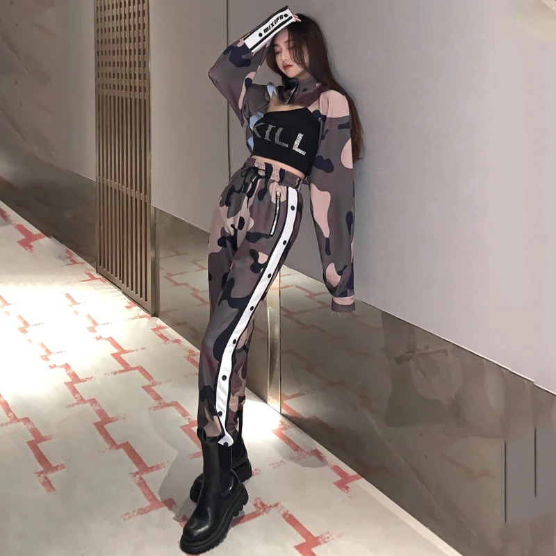 Women Jazz Dance Clothes Camouflage Crop Short Top Reflective Pockets Hiphop High-Waist Track Pants Hip Hop Costumes
Women Jazz Dance Clothes Camouflage Crop Short Top Reflective Pockets Hiphop High-Waist Track Pants Hip Hop Costumes