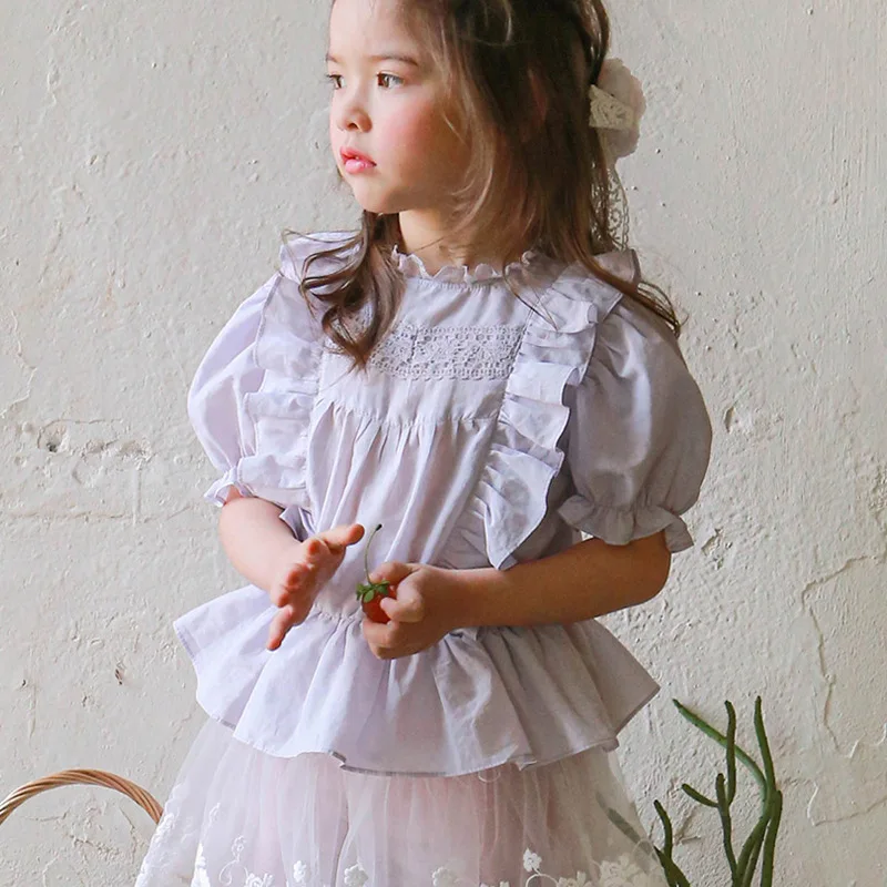 

2024 летняя корейская детская одежда для мам и детей, блузки, модная Однотонная рубашка с кружевной талией и короткими рукавами для девочек