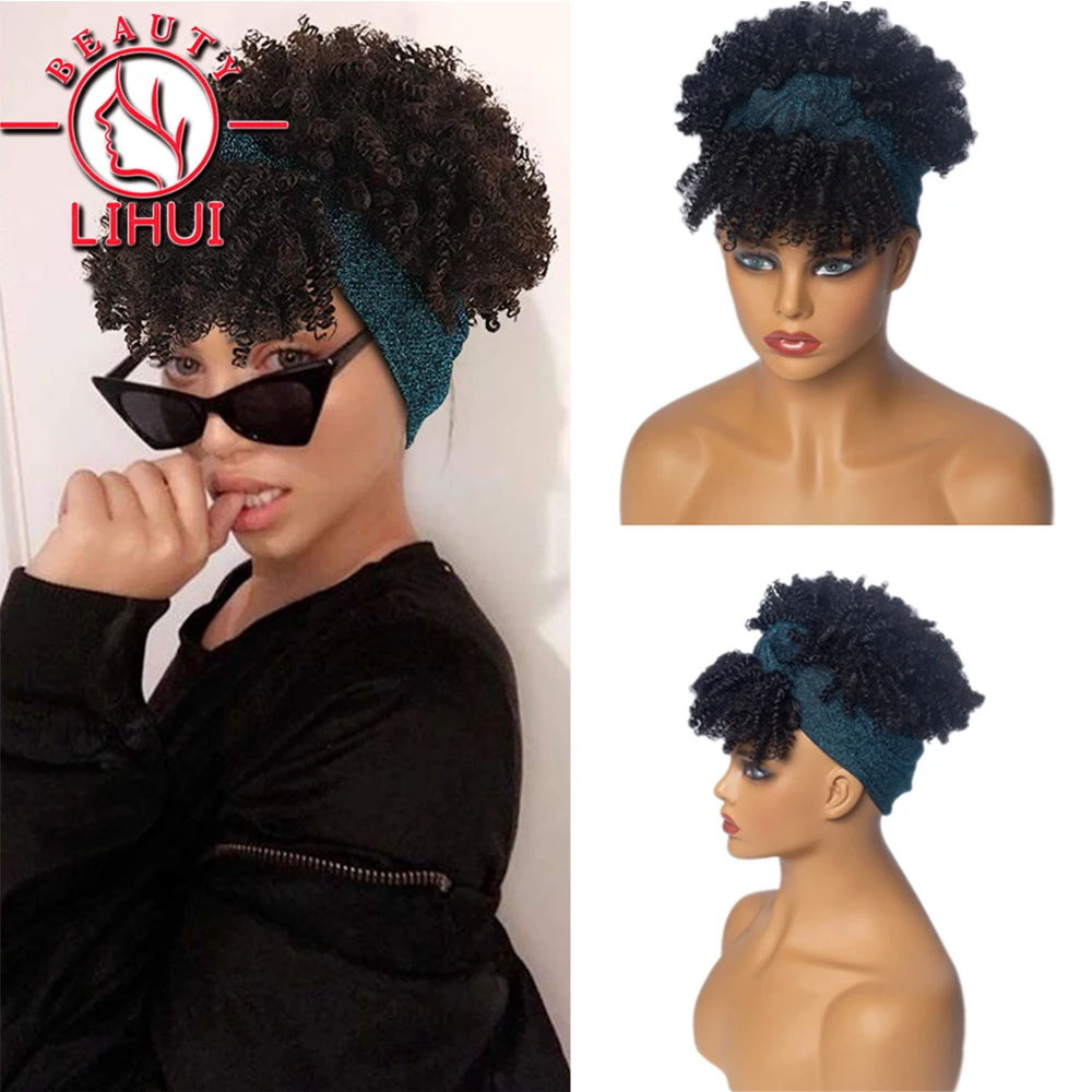 

Синтетические короткие кудрявые головные парики для чернокожих женщин, афро-вьющиеся черные парики с шарфом, натуральный кудрявый тюрбан, парик для косплея