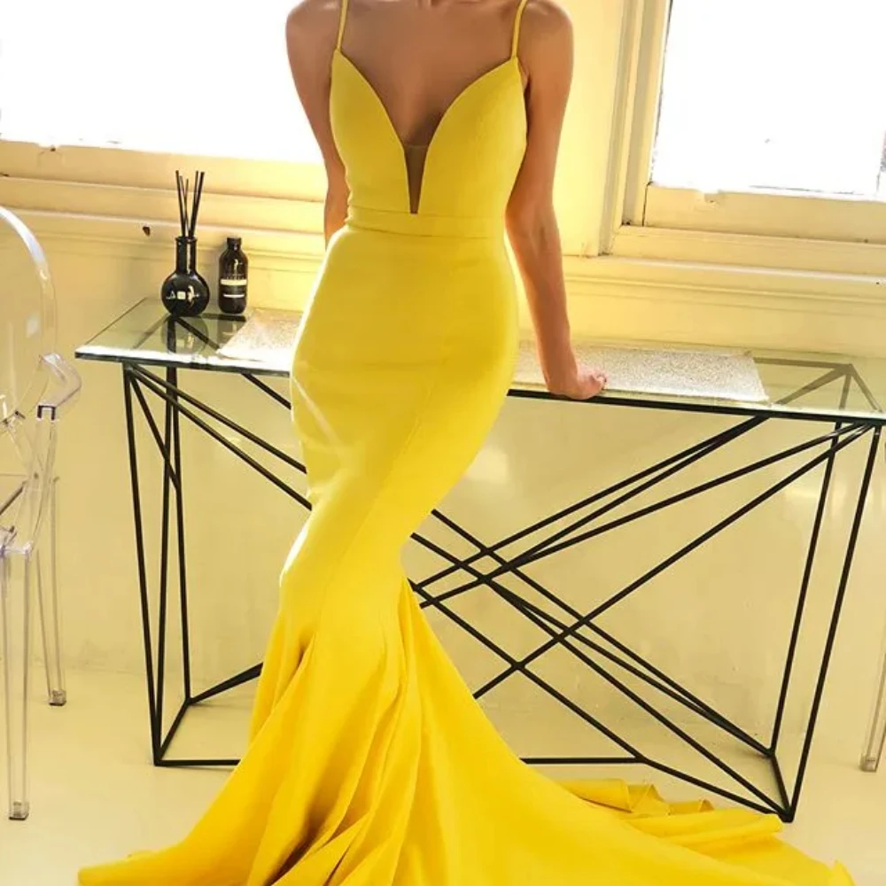 2024 New Yellow Elegant Spaghetti Straps Mermaid Party Prom Dresses Sexy Backless Satin V-Neck Sweep Train Evening Custom Dress
2024 New Yellow Elegant Spaghetti Straps Mermaid Party Prom Dresses Sexy Backless Satin V-Neck Sweep Train Evening Custom Dress