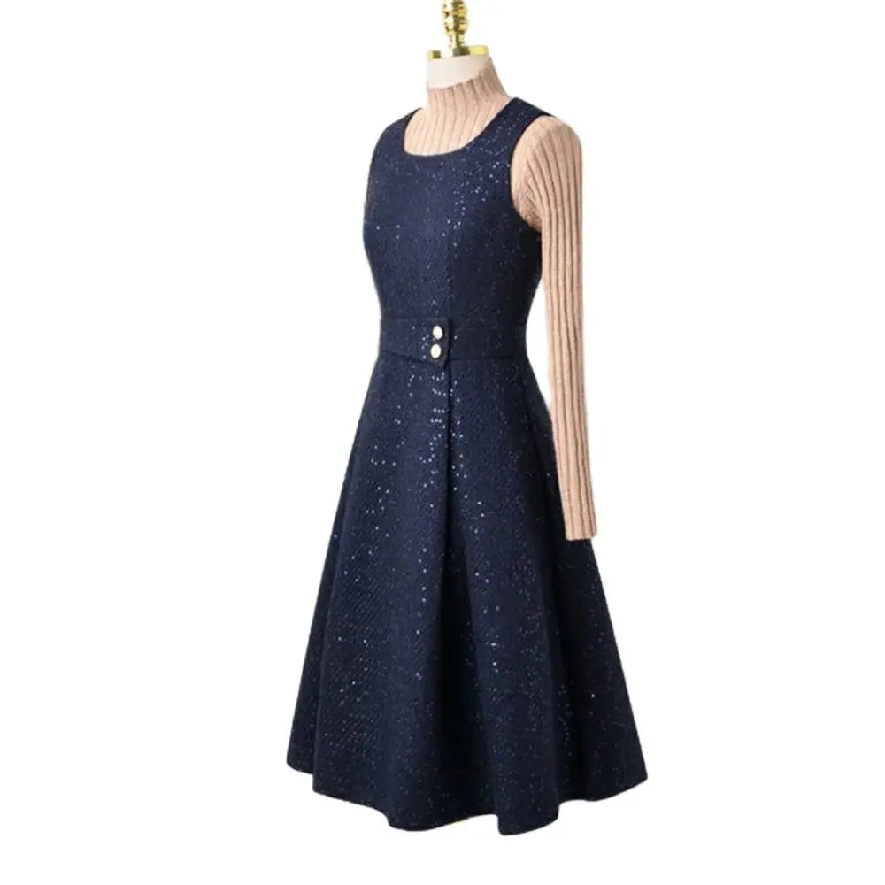 

Woman Dress Tweed Sleeveless Navy Blue O-neck Knee-Length A-line Cascading Ruffle Elegant Basics Classic OL Formal Dress Skirt