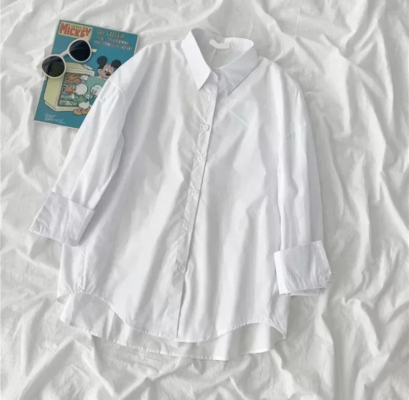 

Повседневная Тонкая блузка с отложным воротником и длинным рукавом, винтажная однотонная блузка, Весенняя Солнцезащитная рубашка, Свободная Женская одежда, блузы 30271