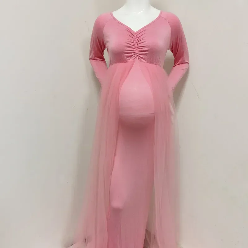 

2020 Summer Maternity Tulle Long Dresses Baby Shower Cotton Dress Stretchy Pregnancy Photography Dress with Cape Long Train