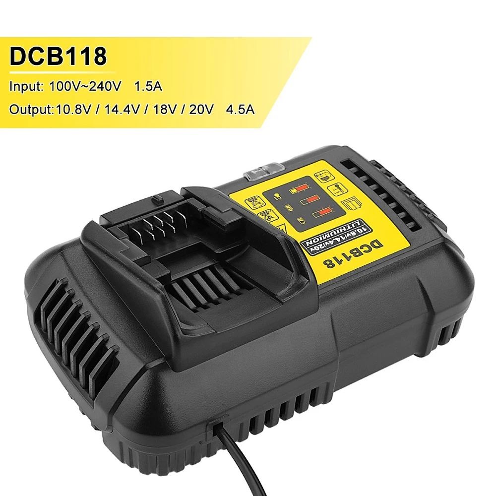 New Upgrade 3/4.5A DCB118 battery charger for Dewalt Battery 10.8V 12V 14.4V 18V 20V DCB200 DCB101 DCB115 DCB107 DCB105 DCB140
New Upgrade 3/4.5A DCB118 battery charger for Dewalt Battery 10.8V 12V 14.4V 18V 20V DCB200 DCB101 DCB115 DCB107 DCB105 DCB140