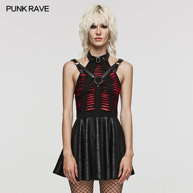 

PUNK RAVE Women's Gothic Sexy Cut Dress Punk Knitted Spliced Spider Web Cloth Cute Swing Skirt Hem BK-RD Spring/Summer