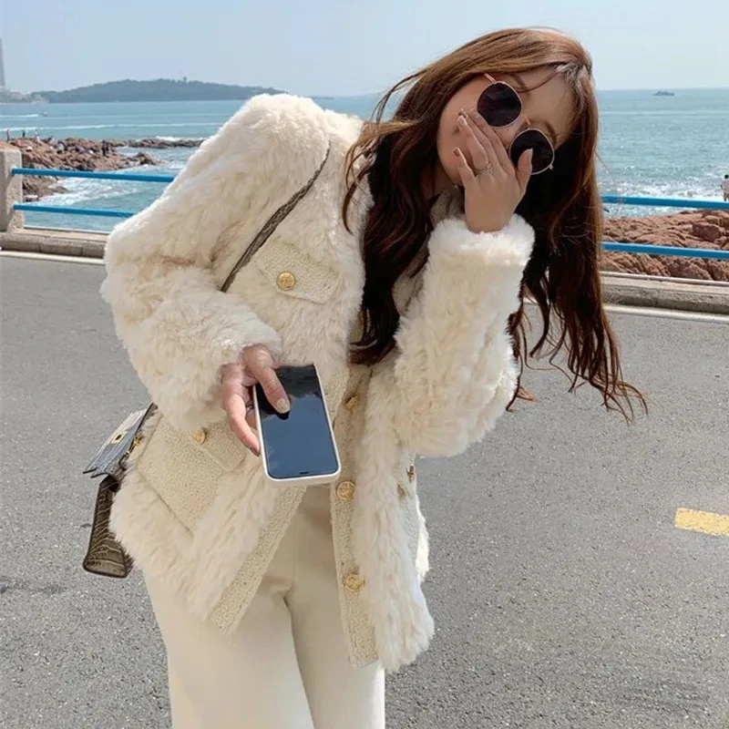 

Теплая куртка GIDYQ из овечьей шерсти, женское корейское утепленное пальто из искусственного меха с круглым вырезом, модная офисная Женская свободная пушистая универсальная верхняя одежда на зиму