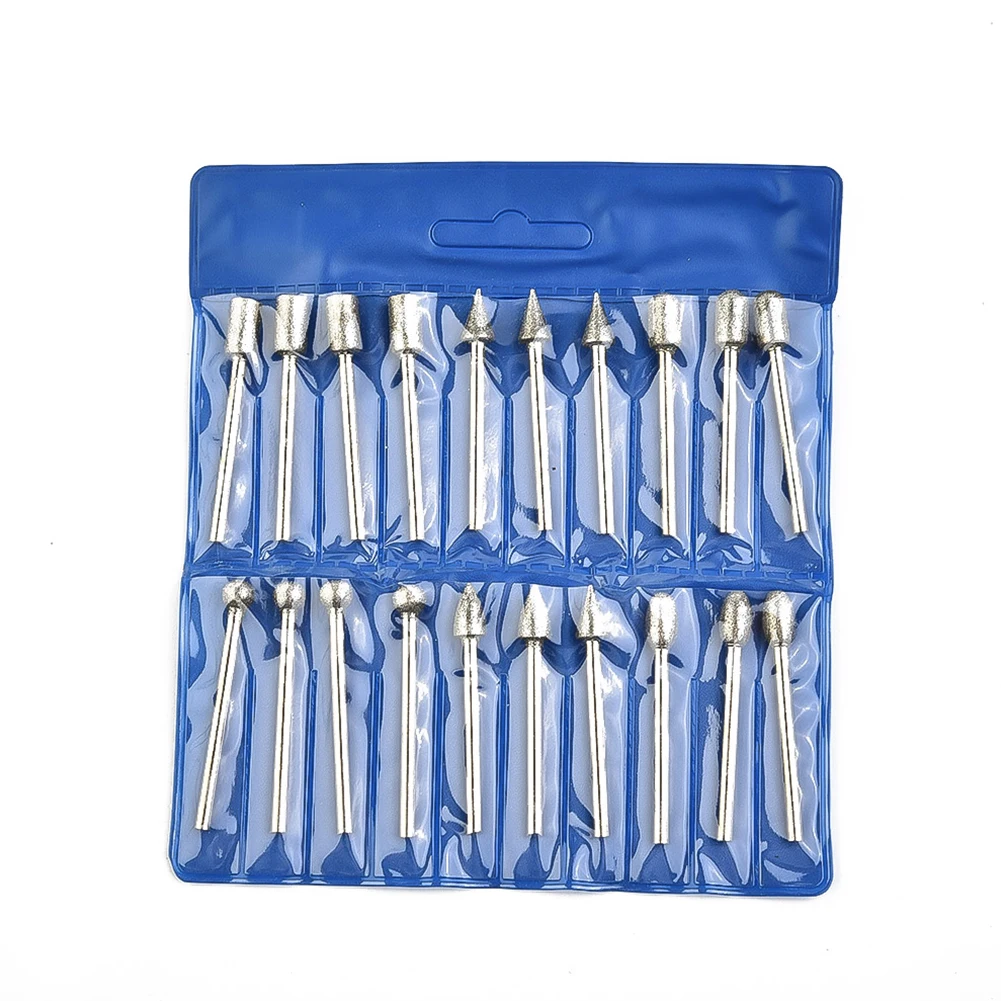 20pcs 3mm Shank 120 Grit Diamond Burr Set Drill Bits Rotary Tool Grinding Heads For Grinding Engraving Polishing
20pcs 3mm Shank 120 Grit Diamond Burr Set Drill Bits Rotary Tool Grinding Heads For Grinding Engraving Polishing