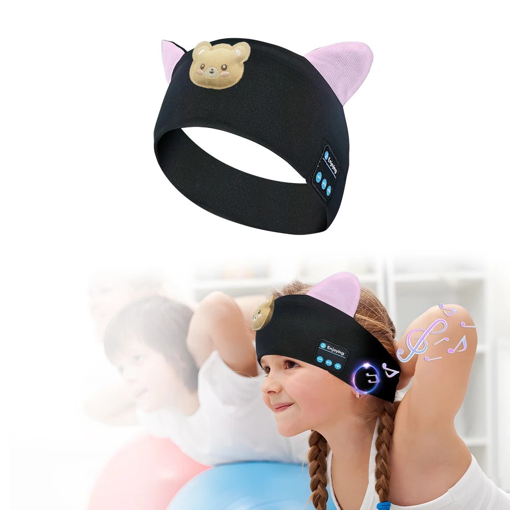 

Soft Comfortable Wireless Music Earphones Kids Cute Cat With Bear Sleeping Headphones Eye Mask Bluetooth V5.0 Headsets Headband