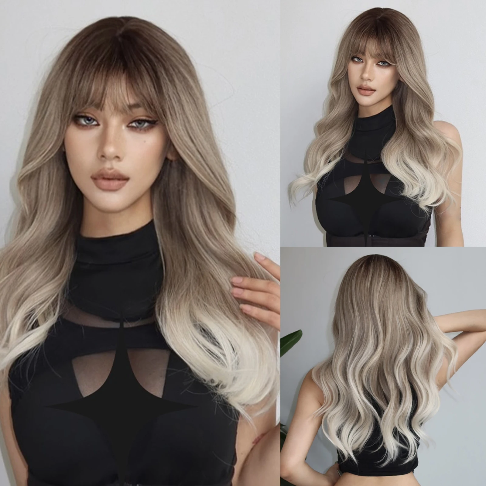 

Long Synthetic Wig with Bangs Ombre Brown Grey Ash Blonde Natural Wavy Wigs Cosplay Party Hair for Black Women Heat Resistant