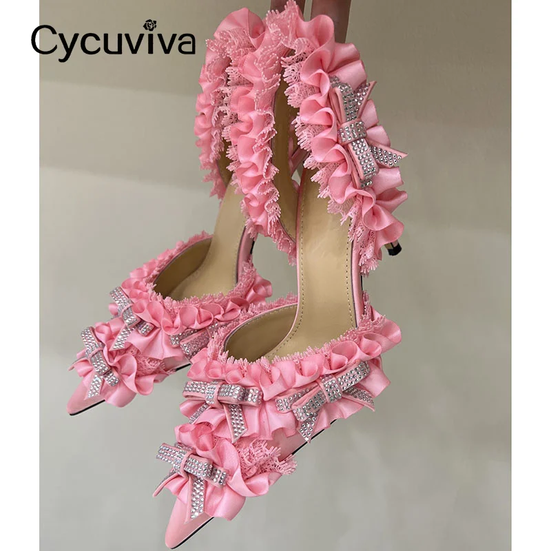 

New Bowknot Slingback Gladiator Sandals Women Ruffles High Heels Weeding Shoes Women Brand Rhinestones Point Toe Women Pumps