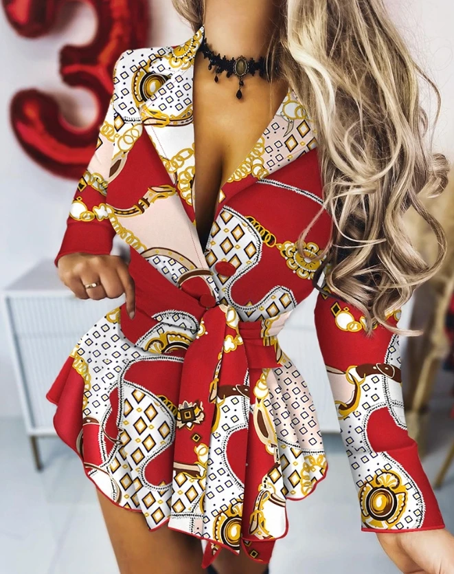 

Women's Dress Chain Print Tied Detail Decoration Dress 2024 Latest Spring Casual Notched Collar Long Sleeves Ruffles Mini Dress