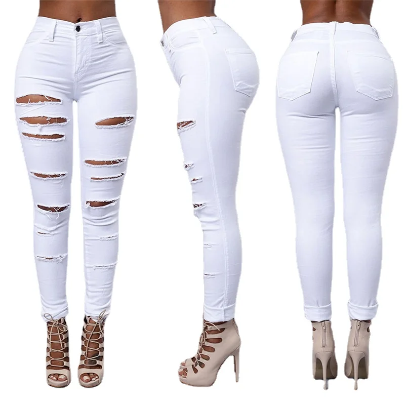 

White Ripped Skinny Jeans Women 2024 Spring Fashion High Waist Stretch Slim Jeans Lady Sexy Destroyed Frayed Denim Pencil Pants