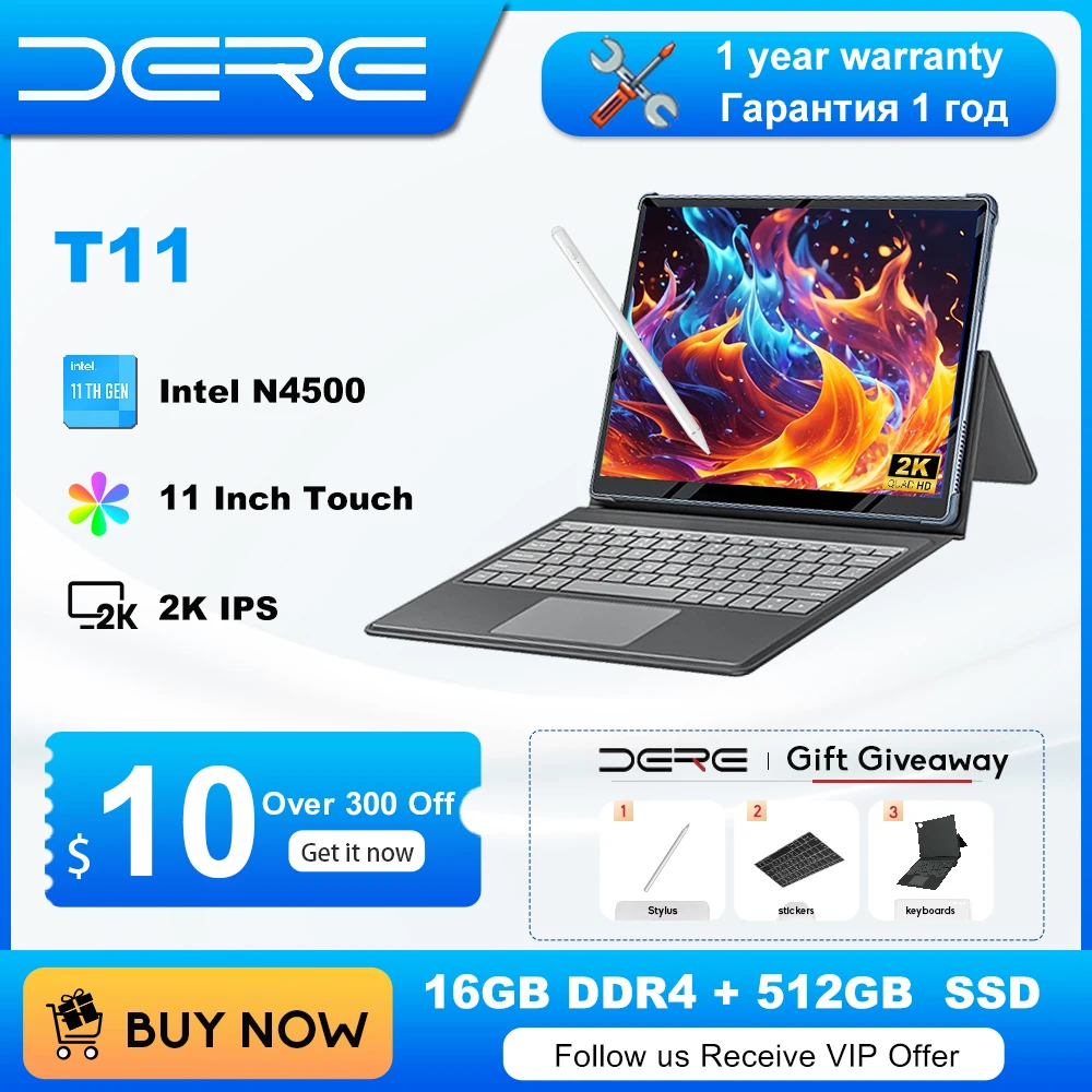 

DERE T11 Laptop 11-inch Touch Screen Ultra HD 2K IPS Intel Celeron N4500 16GB RAM +512GB SSD Office Learning Windows 11 Notebook